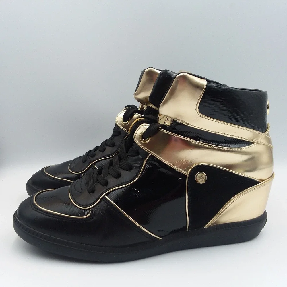 Michael Kors Nikko High-Top Wedge Sneakers Black Gold Patent‎ Leather Women's 8M